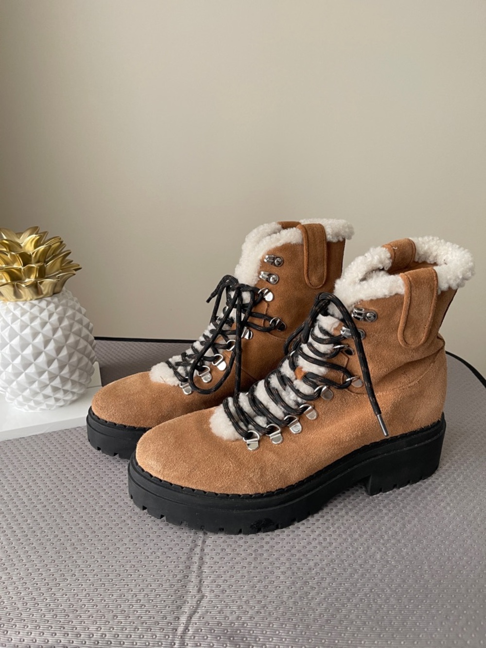 Marc Fisher Tan Suede Shearling-Lined Lug Sole Ankle Boots